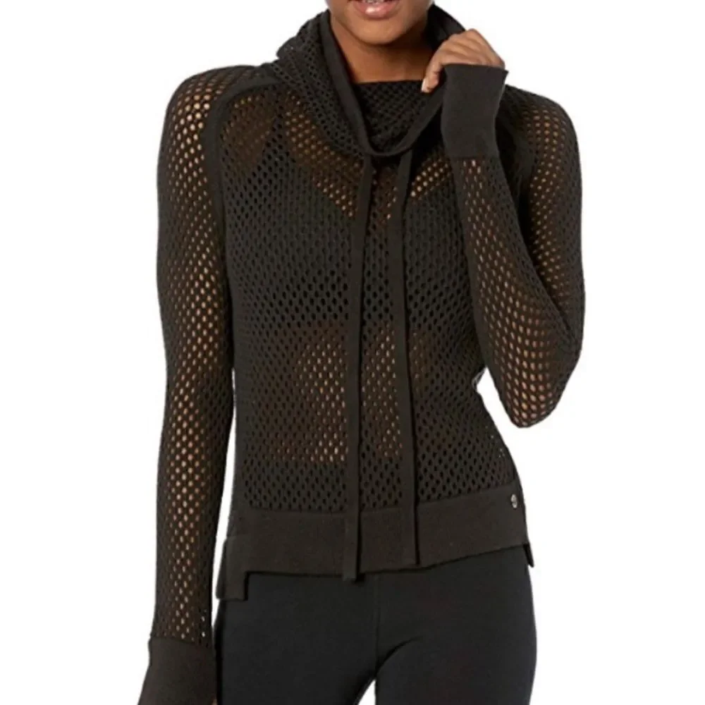 Prana Translucent Cowl Neck Sweater Open Knit Black NEW